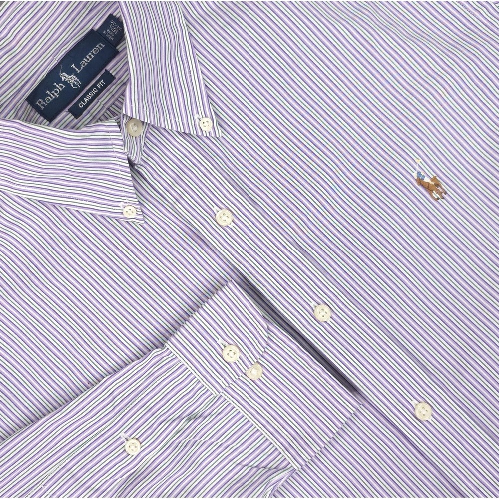 Ralph Lauren Shirt Mens Large 16.5 Purple Green Stripe Classic Fit Button Down